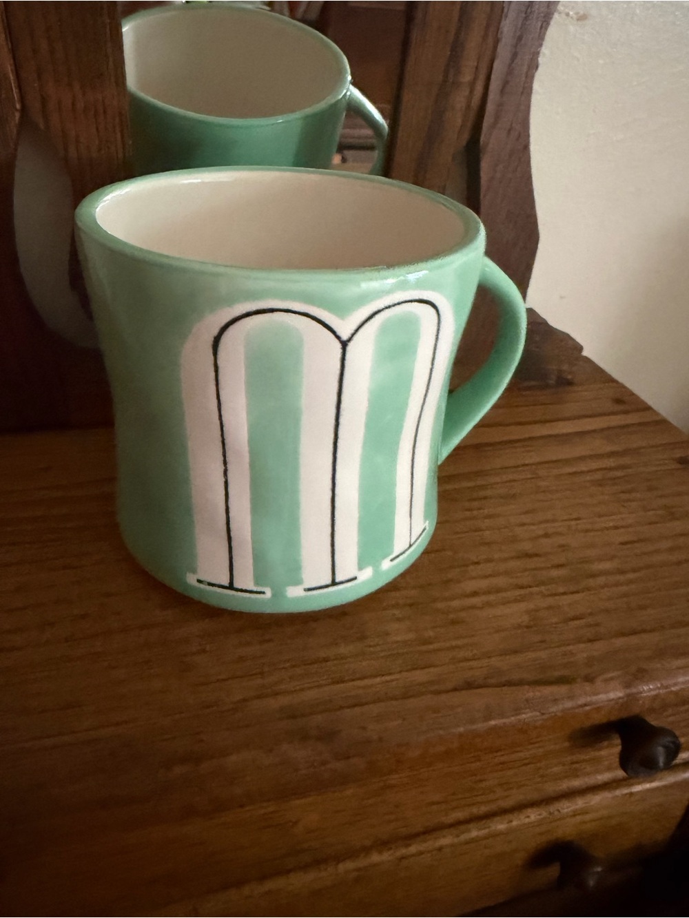 Anthropologie Mint Green Ceramic Mug with White Monogram M